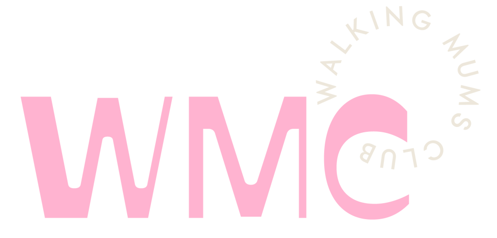 Logo of WMC letters in light pink colour and beige 'walking mums club' in a circle